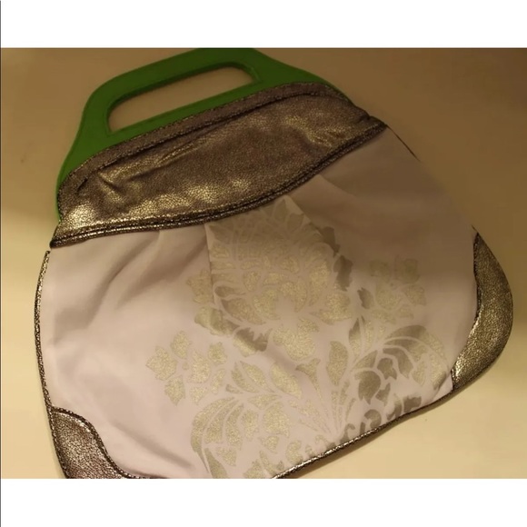 2/$20 Triangular Black White Floral Print Lime Green Patent Leather Bag Purse - Picture 9 of 11